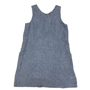 Artisan NY Linen Lagenlook Sleeveless Shift Dress Chambray Pearl Button Size Med